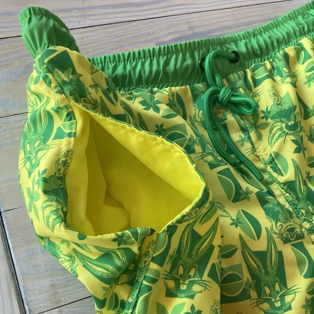 LOONEY TUNES Tiki Swim Trunks Taz Daffy Bugs Mens Neon Green Yellow NEW XL